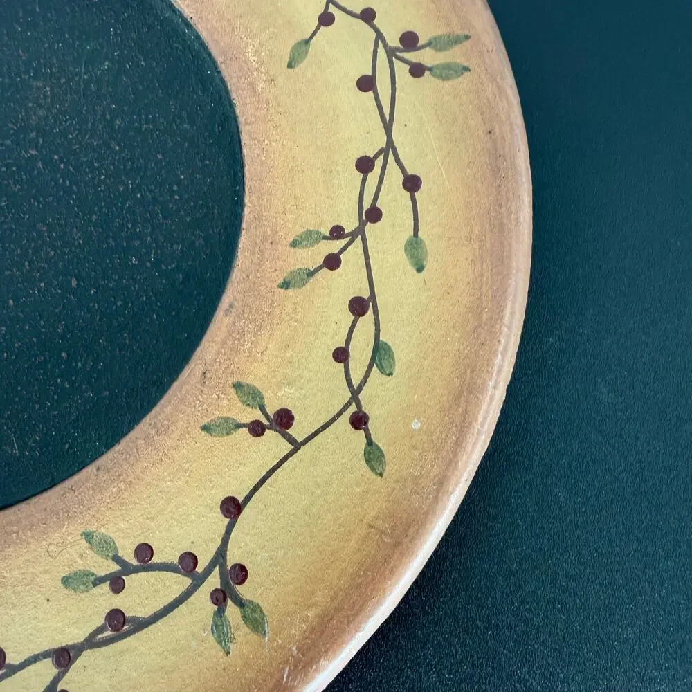 Pip Berry Vine Wood Candle 9" Plate Round Hand Painted Country Primitive Farm - Picture 3 of 9